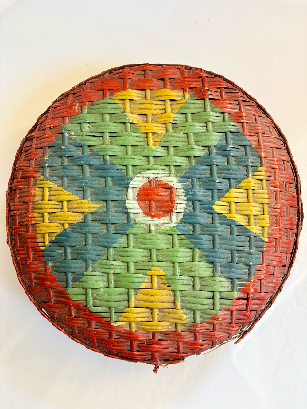 Handwoven Decorative Woven Basket Lid in Red, Green and Blue